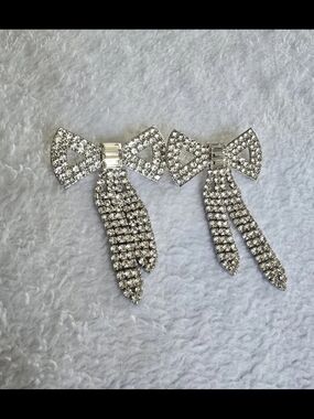 Crystal Bow Dangle Earrings - Silver Rhinestone